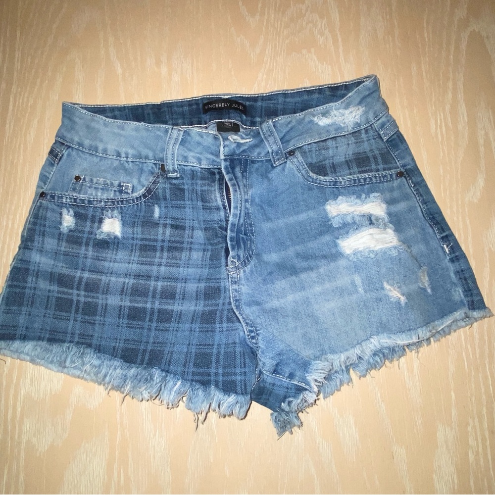 SINCERELY JULE Plaid Distressed Patchwork Jean Shorts